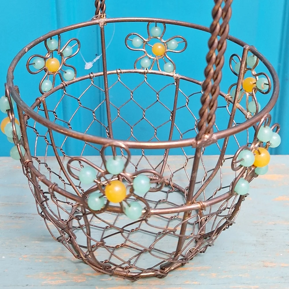 Beaded Easter Basket Silver Metal Woven Steel Aluminum Container w Handle Silver